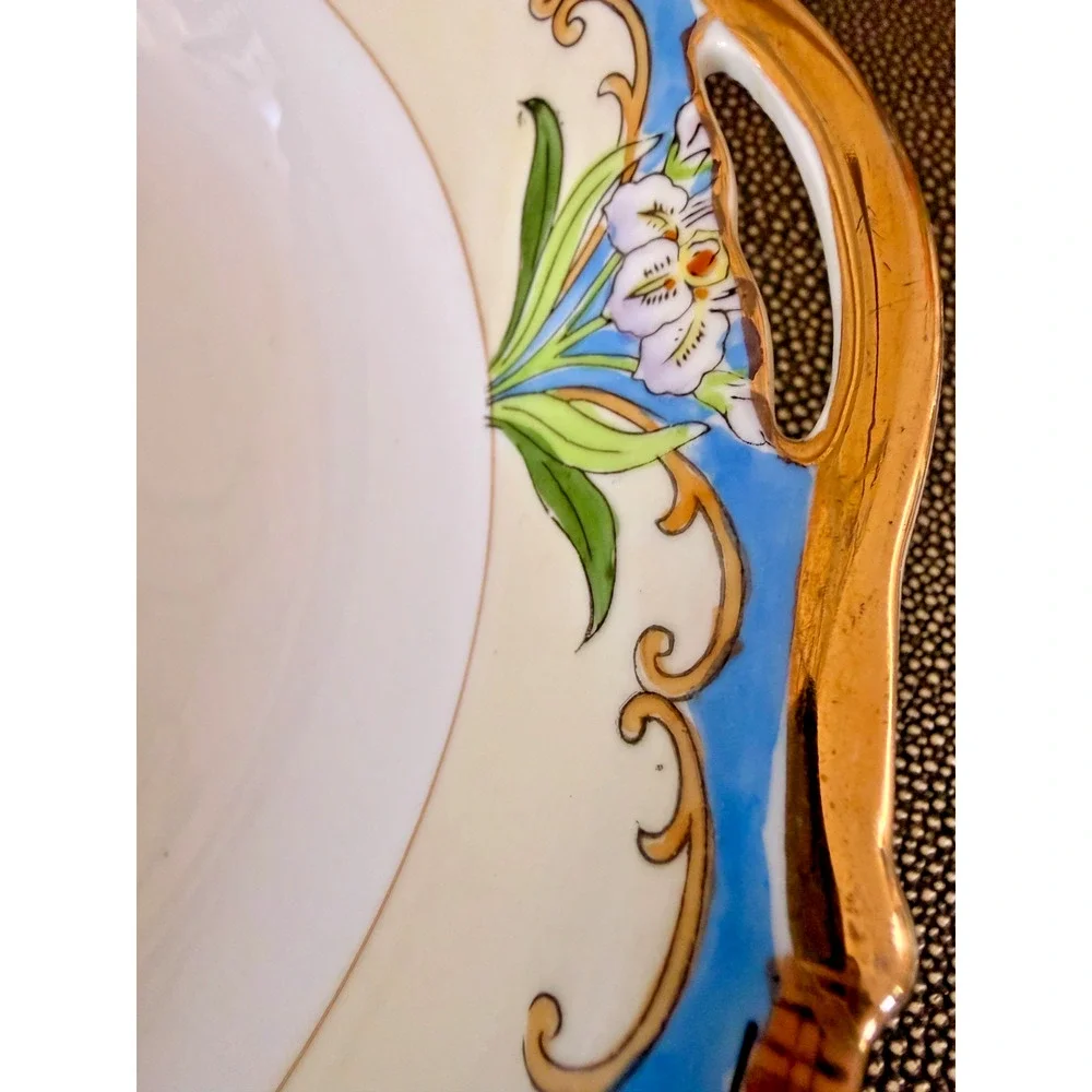Antique 1920s Art Deco Noritake M Wreath Handled Serving Bowl Floral Gold Japan
